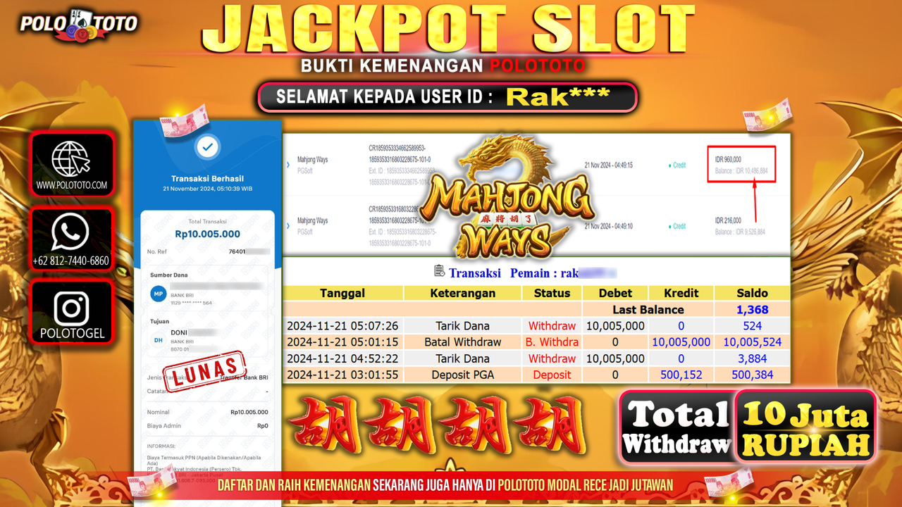 POLOTOTO JACKPOT SLOT MAHJONG WAYS Rp.10.000.000,- 