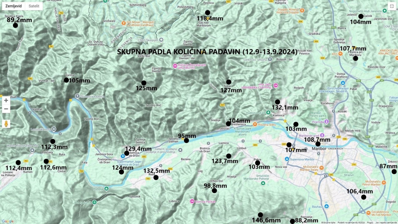 Skupne padavine 12.9,13.9.2024 Dravska dolina,polje, Pesniška dolina