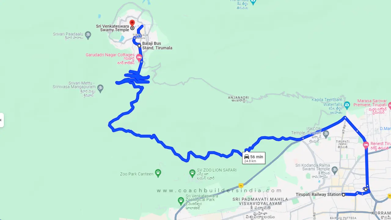 Tirupati to Tirumala Bus Timings 2025 | Online Booking Options Tirupati to Tirumala bus route on Google Maps with stoppages at Tirupathi Railway Station (Starting Point),
Edukondalu Bus Station-TPT, Balaji Bus Station (Alipiri)
