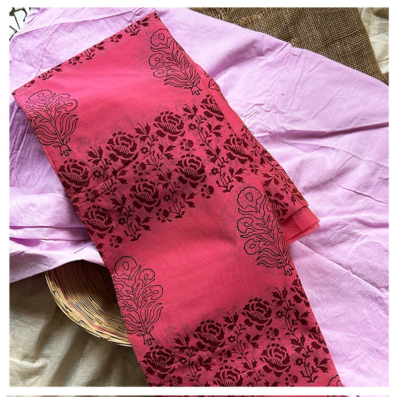 Hand Block Printed Pink Chanderi Silk Kurti Material with Red and Black Print