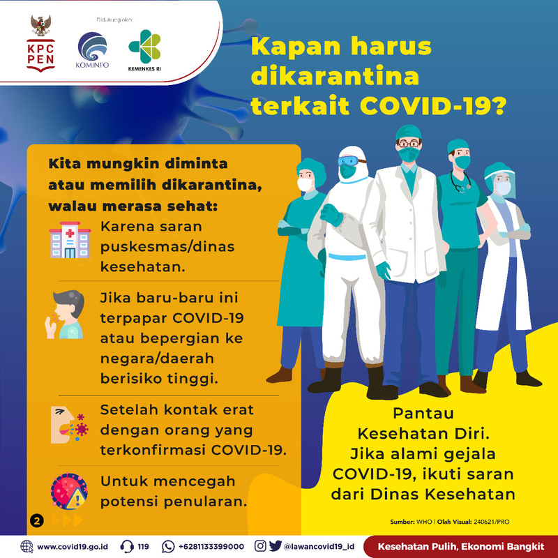 Petunjuk Satgas Covid-19 terkait kapan seseorang harus melakukan karantina terkait Covid-19.