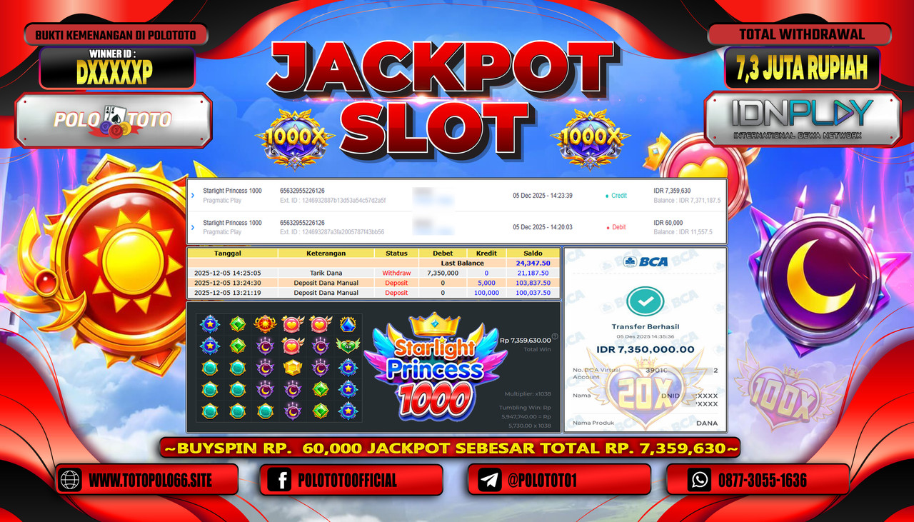 POLOTOTO JACKPOT SLOT STARLIGHT PRINCESS Rp.7.300.000,- LUNAS