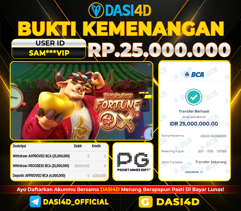 BUKTI KEMENANGAN 02 AGUSTUS DI FORTUNE OX WD 25.000.000