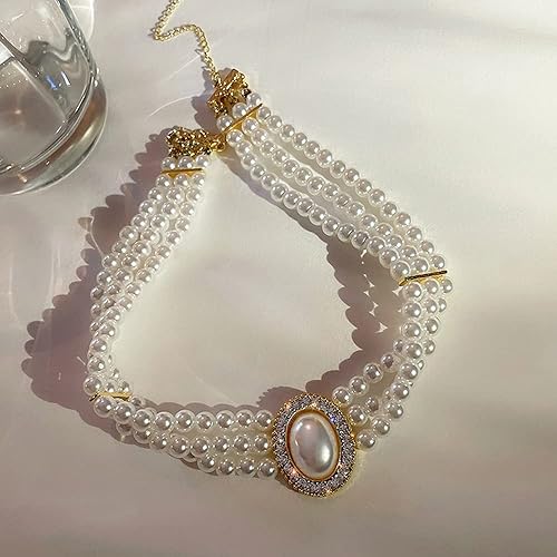 Octwine Boho 3-Tier Rhinestones & Pearls Choker Necklace