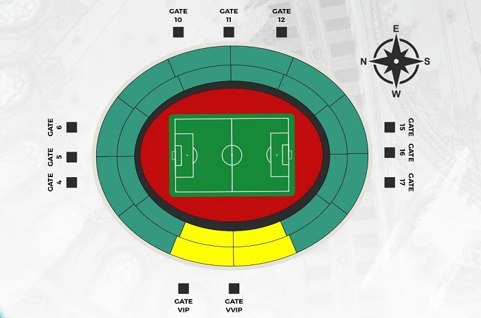 Pengaturan tempat duduk dan pintu masuk di stadion untuk laga persahabatan Indonesia vs Palestina.