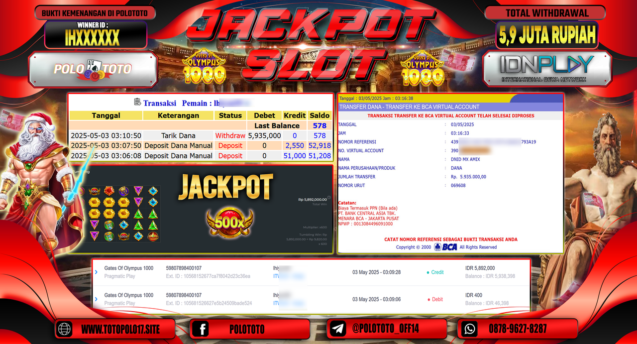 POLOTOTO JACKPOT SLOT GATES OF OLYMPUS 1000 Rp.5.935.000,-