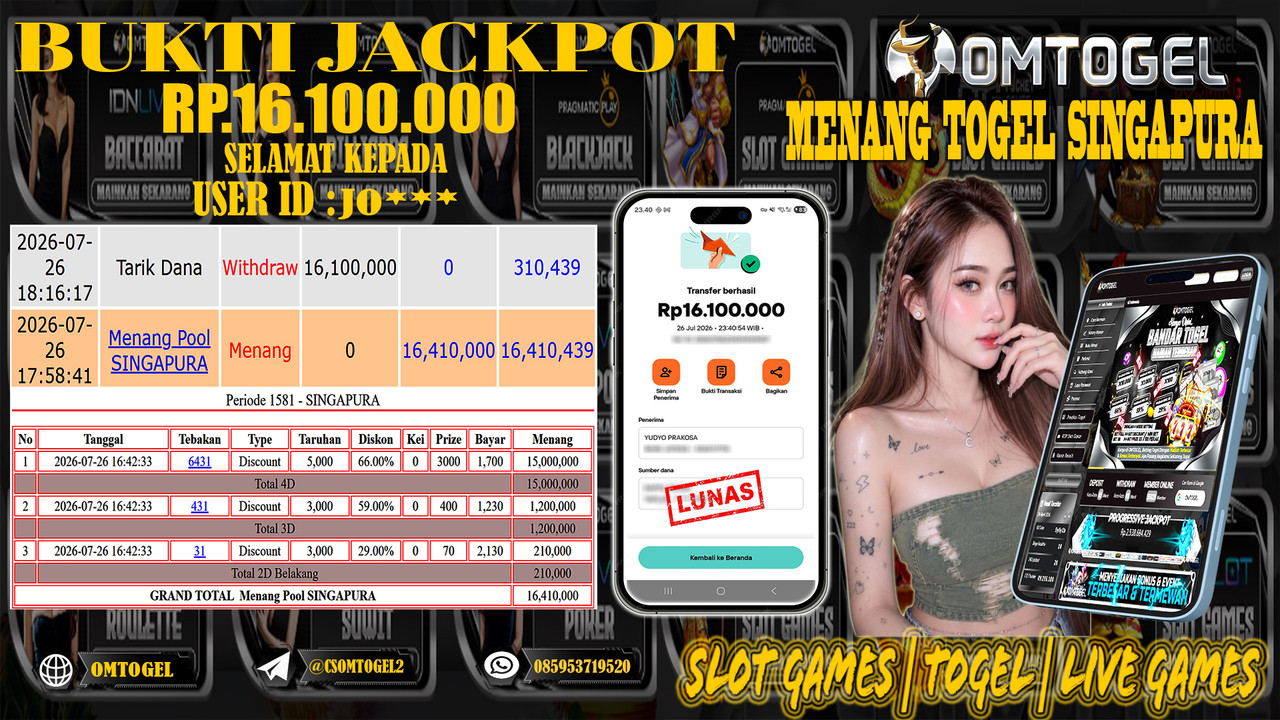 OMTOGEL JACKPOT MENANG TOGEL SINGAPURA Rp,16,100,000,- DIBAYAR LUNAS