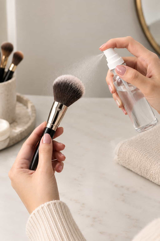 spray rubbing alcohol on brushes to sanitize them 