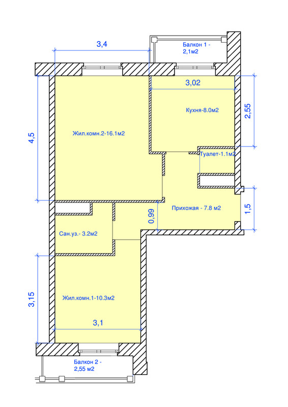 Page 1 - Планировка 2х комнатной квартиры 45,8м2