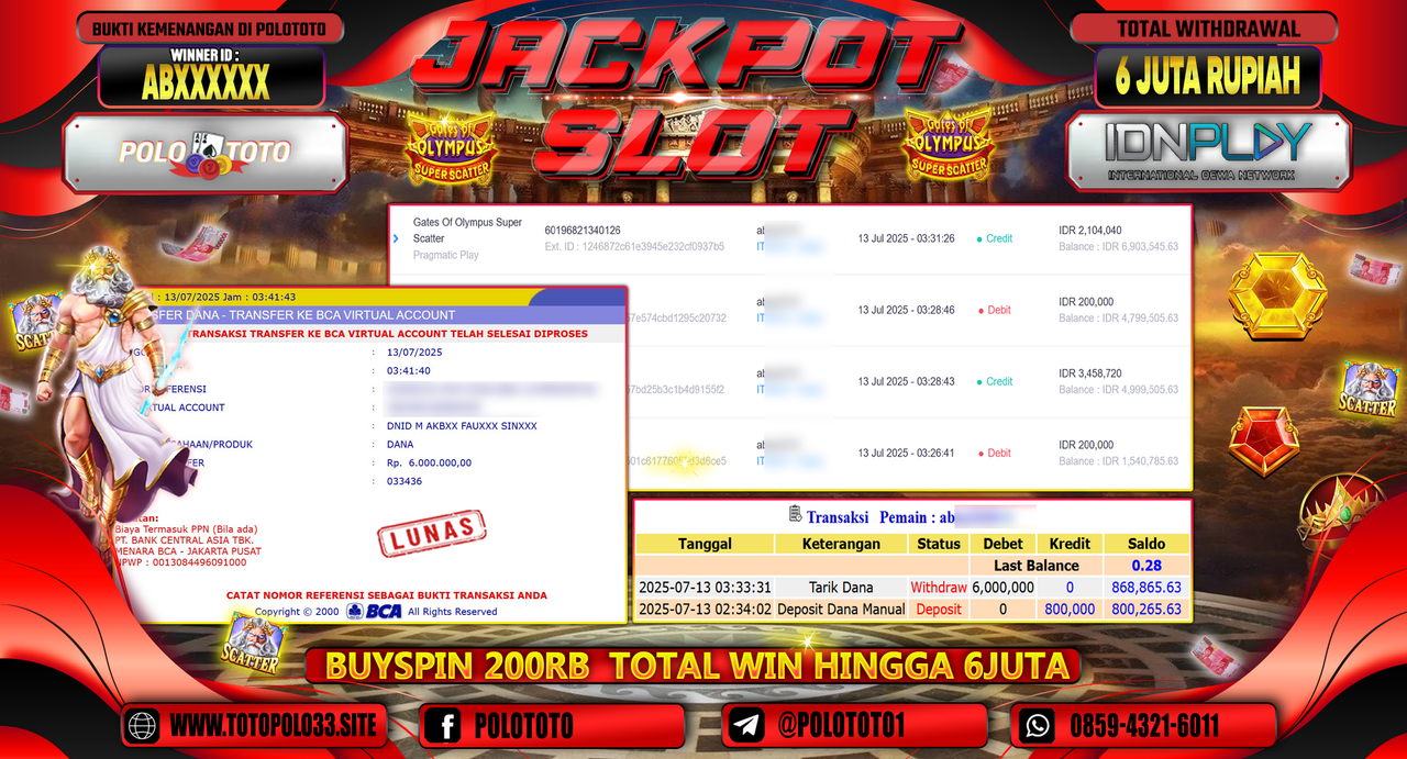 POLOTOTO JACKPOT SLOT GATES OF OLYMPUS SUPER SCATTER Rp.6.000.000,-