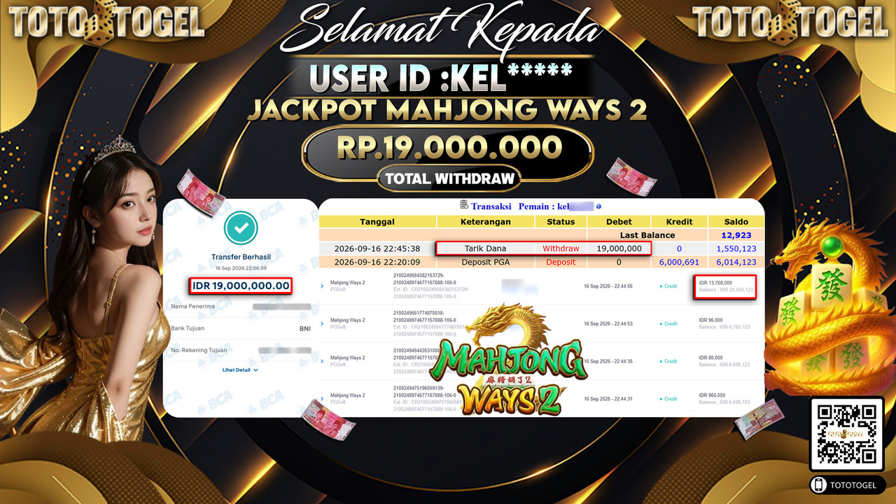 Bukti Pembayaran Jackpot Slot Mahjong Ways 2  ID:KEL*****LUNAS