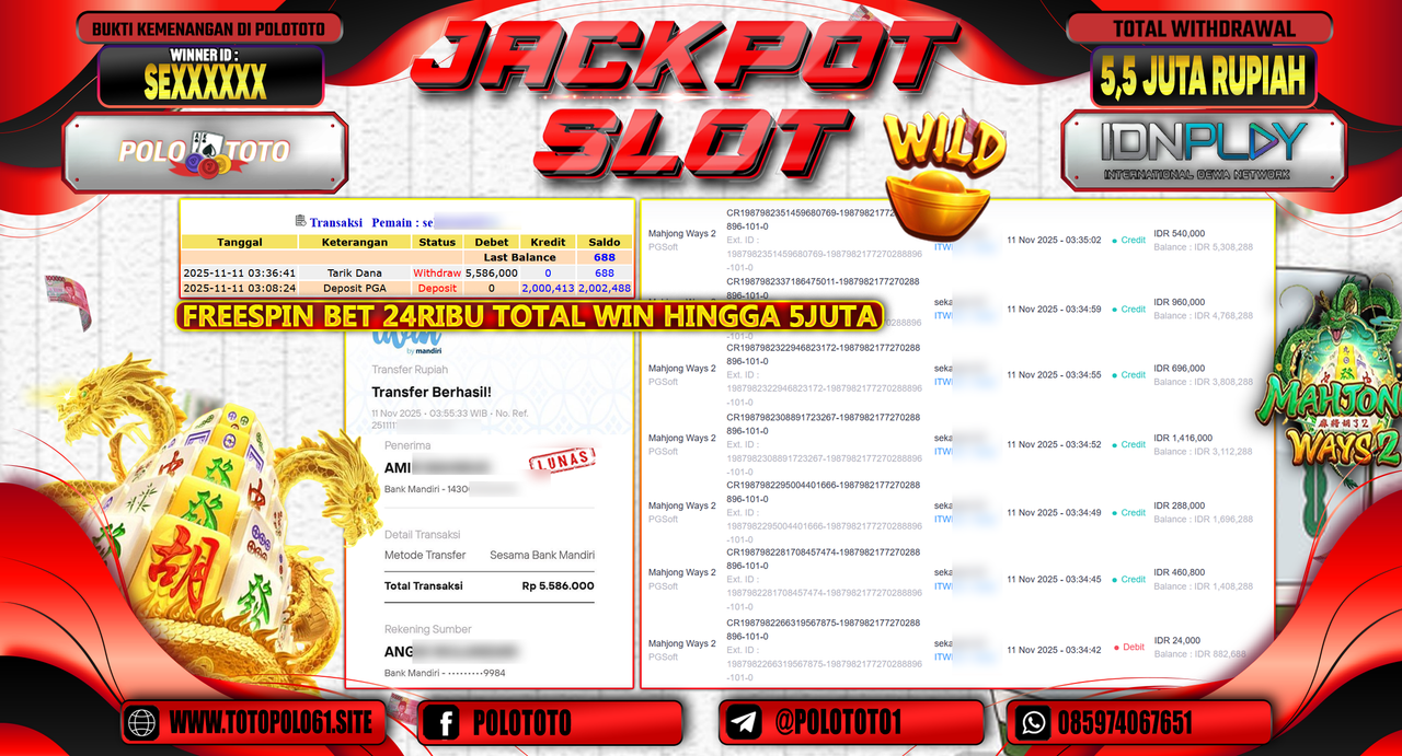 POLOTOTO JACKPOT SLOT MAHJONG WAYS 2 Rp.12.000.000,- LUNAS
