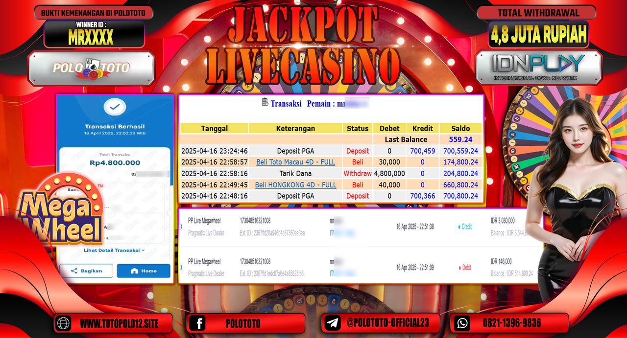 POLOTOTO JACKPOT LIVE CASINO PP LIVE MEGAWHEEL Rp.4.800.000,-