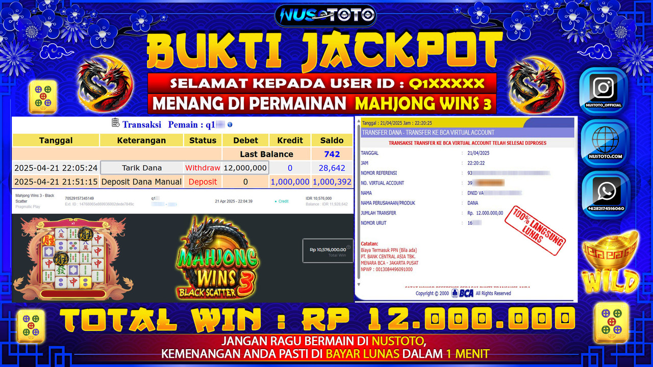 JACKPOT !! MENANG BESAR DI SLOT MAHJONG WINS 3 Rp. 12.000.000 LANGSUNG DI BAYAR LUNAS NUSTOTO !!