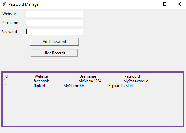 Sample output of Passwords displayed from Database