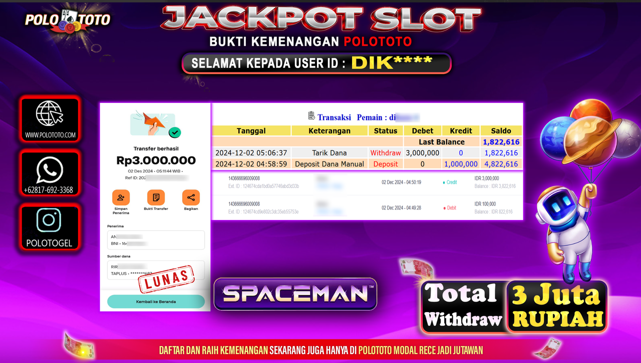 POLOTOTO JACKPOT SLOT SPACEMAN Rp.3,000.000,-