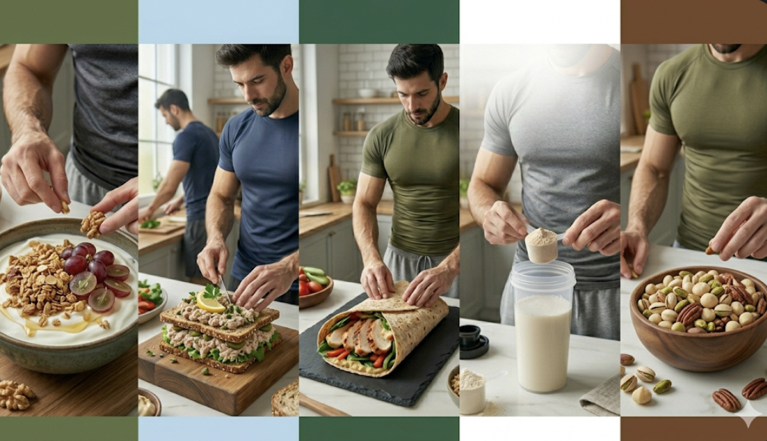 No cook meal ideas with assembled snack plate featuring cheese, nuts, turkey slices, fruit, and vegetables for busy people