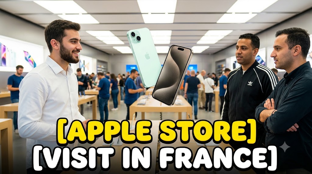 AI-generated example result for the youtube-thumbnail prompt: Apple Store Visit In France Thumbnail – Travel Vlog Tech Design AI YouTube Thumbnail Prompt