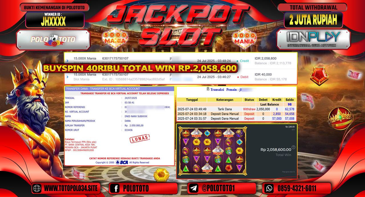 POLOTOTO JACKPOT SLOT 15,000X MANIA Rp.2.050.000,-