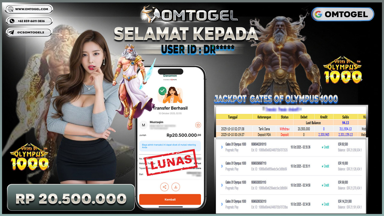 OMTOGEL JACKPOT PRAGMATIC PLAY GATES OF OLYMPUS 1000 20 JUTA DI BAYAR LUNAS ,-