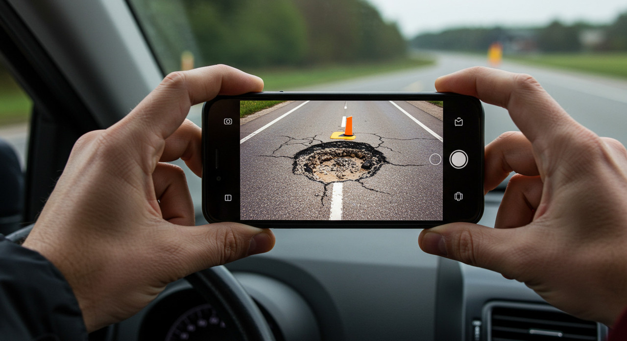 Водитель фотографирует опасный дорожный дефект для сообщения в службу контроля