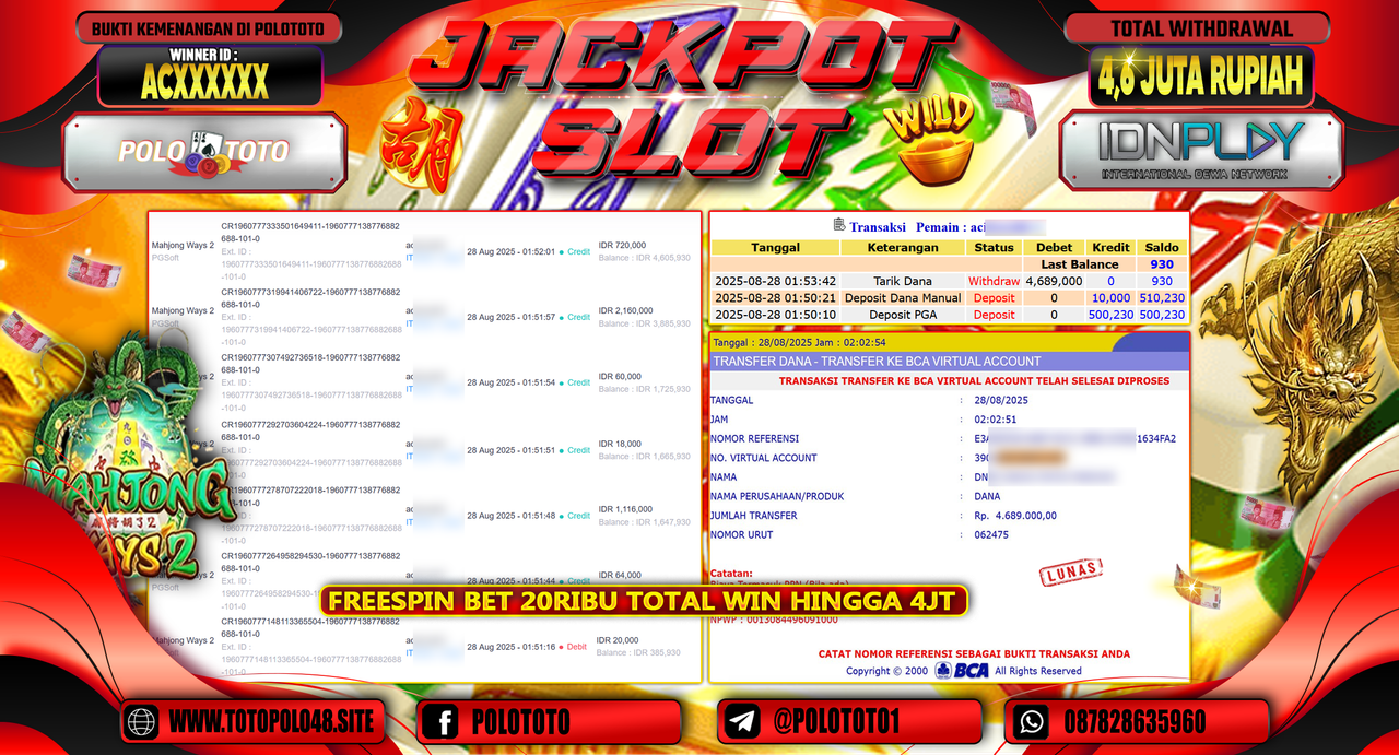 POLOTOTO JACKPOT SLOT MAHJONG WAYS 2 Rp.4.600.000,- LUNAS