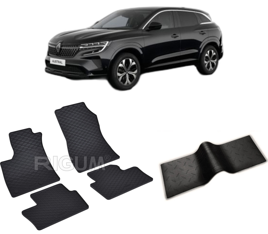 Set covorase auto RENAULT AUSTRAL MHEV din 12.2022-PREZENT, cu covoras tunel median, CAROSERIE SUV, Presuri cauciuc 100%, compatibil cu autoturismul RENAULT AUSTRAL MHEV, Rigum
