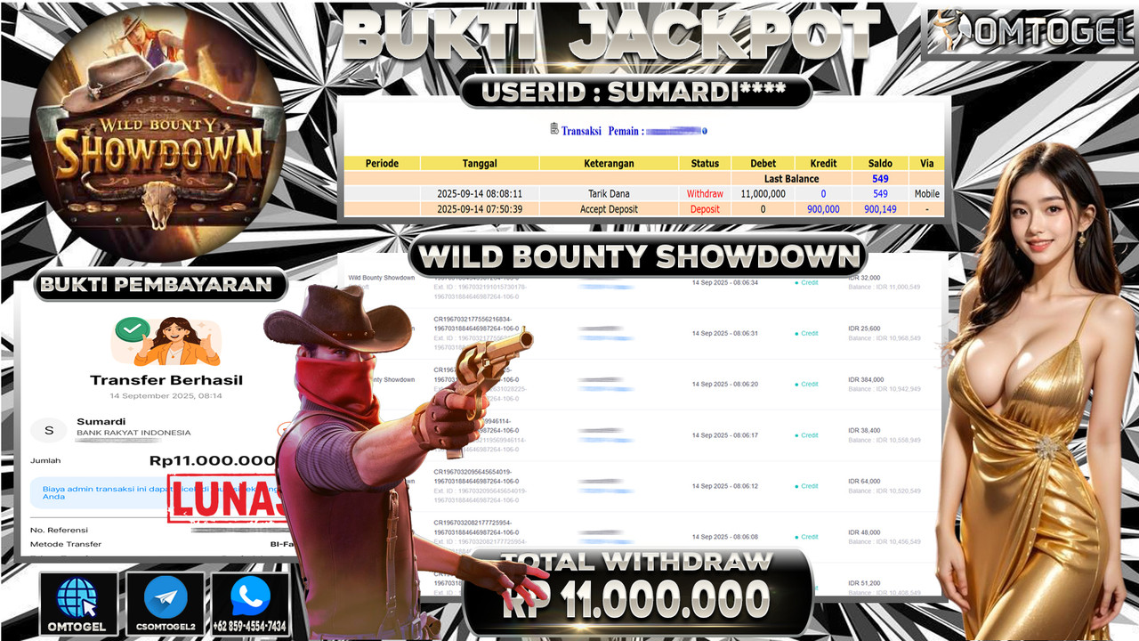 OMTOGEL JACKPOT PGSOFT WILD BOUNTY SHOWDOWN 11 JUTA DI BAYAR LUNAS ,-