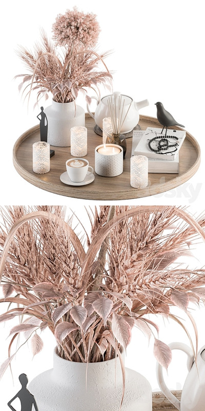 Wood and Pink Decorative Set with Wheat - Set 94