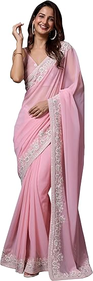 Trendmalls Georgette Embroidery Saree Pink