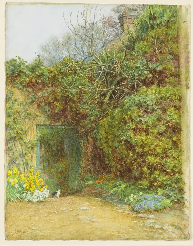 Helen-Allingham-The-Dairy-Door-Farringford-Lord-Tennysons-Home-c1890-wc-gum-arabic-scraping-ou