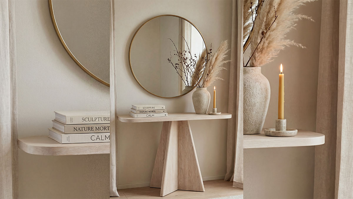 Декоративная консоль с зеркалом и деталями для предметной съемки