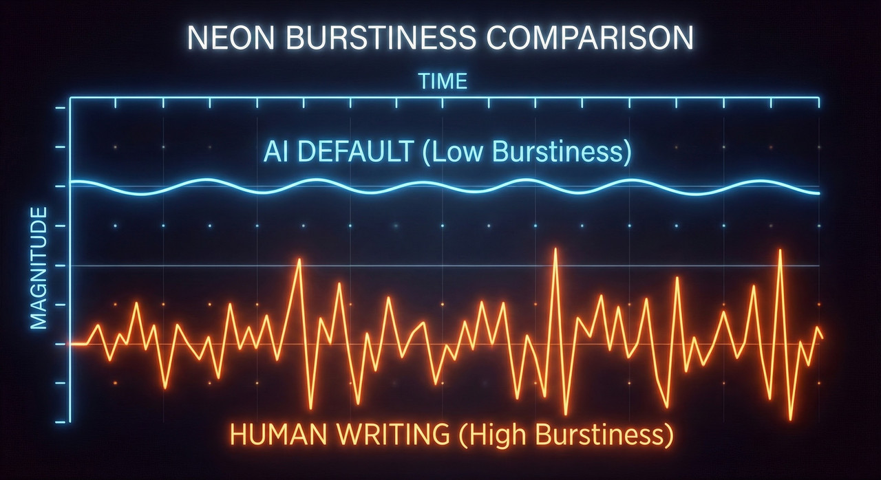 Data visualization graph comparing flat AI writing burstiness vs dynamic human writing burstiness