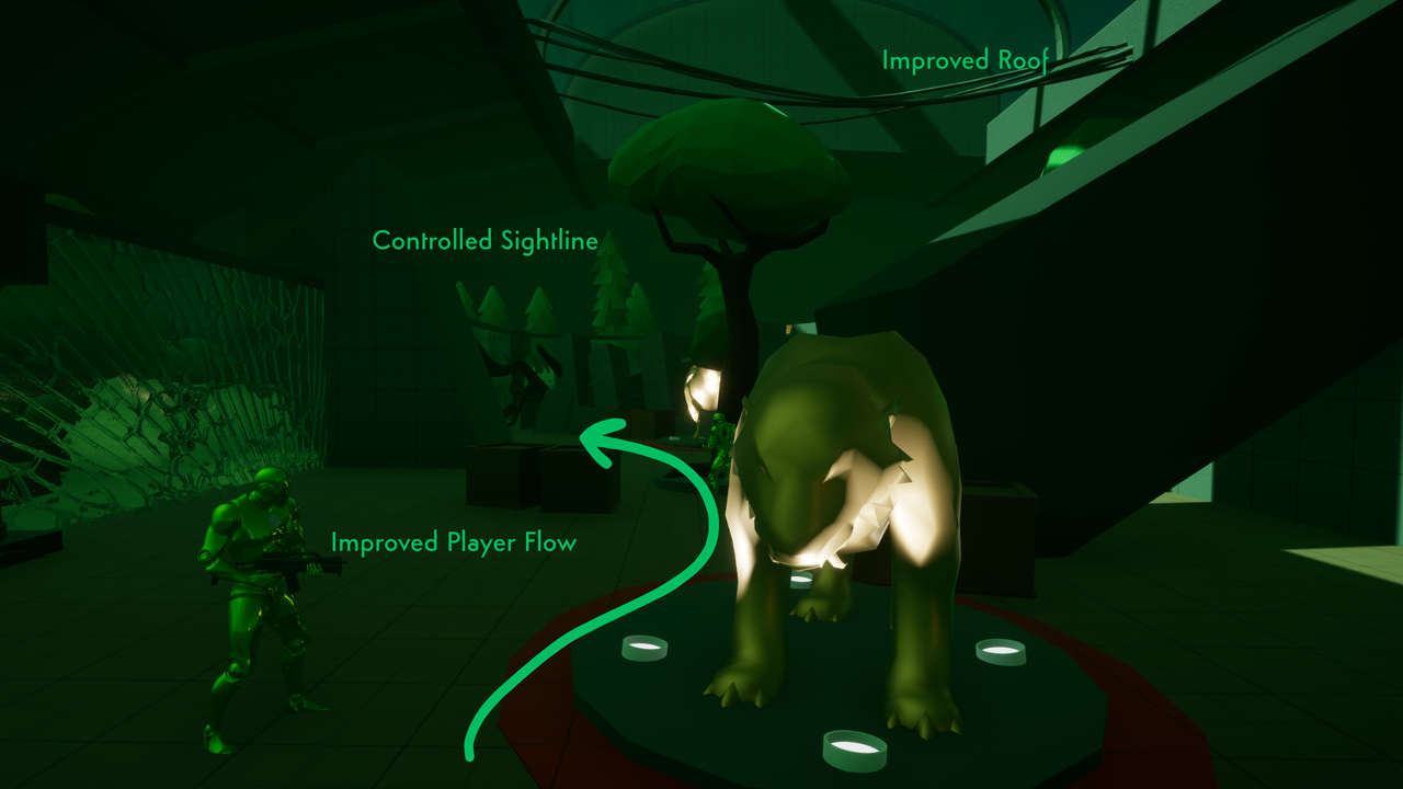 After: revised zoo section with improved player flow, controlled sightlines, and updated roof and lighting