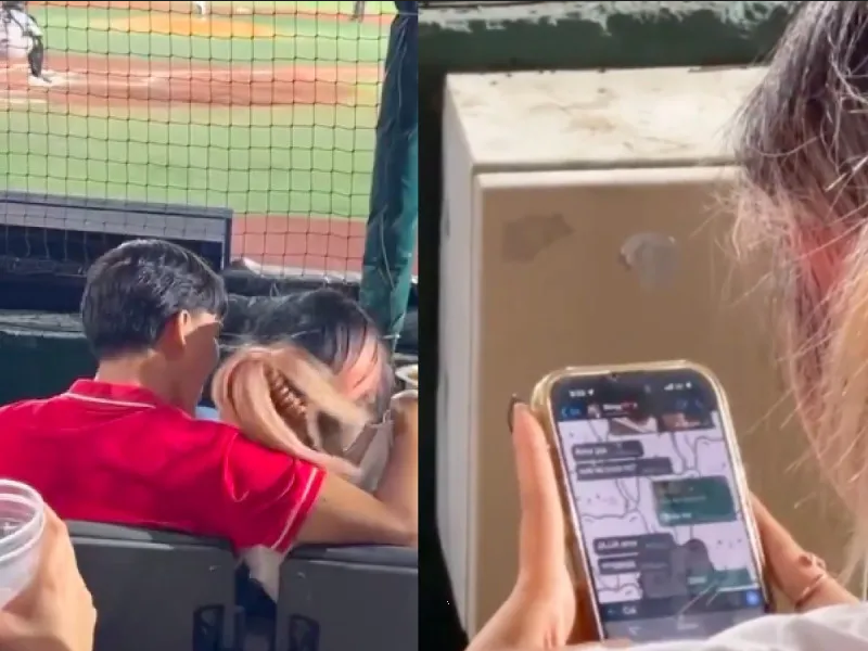 Captan a joven chateando con su amante mientras estaba en el béisbol con su novio