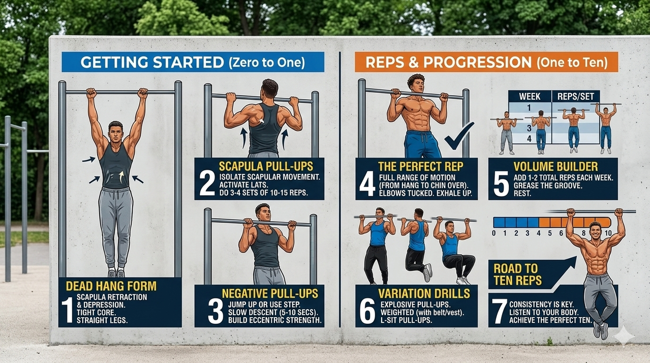 Step-by-step form guide for how to do a perfect pull-up from zero to ten reps showing start, pull, and finish positions