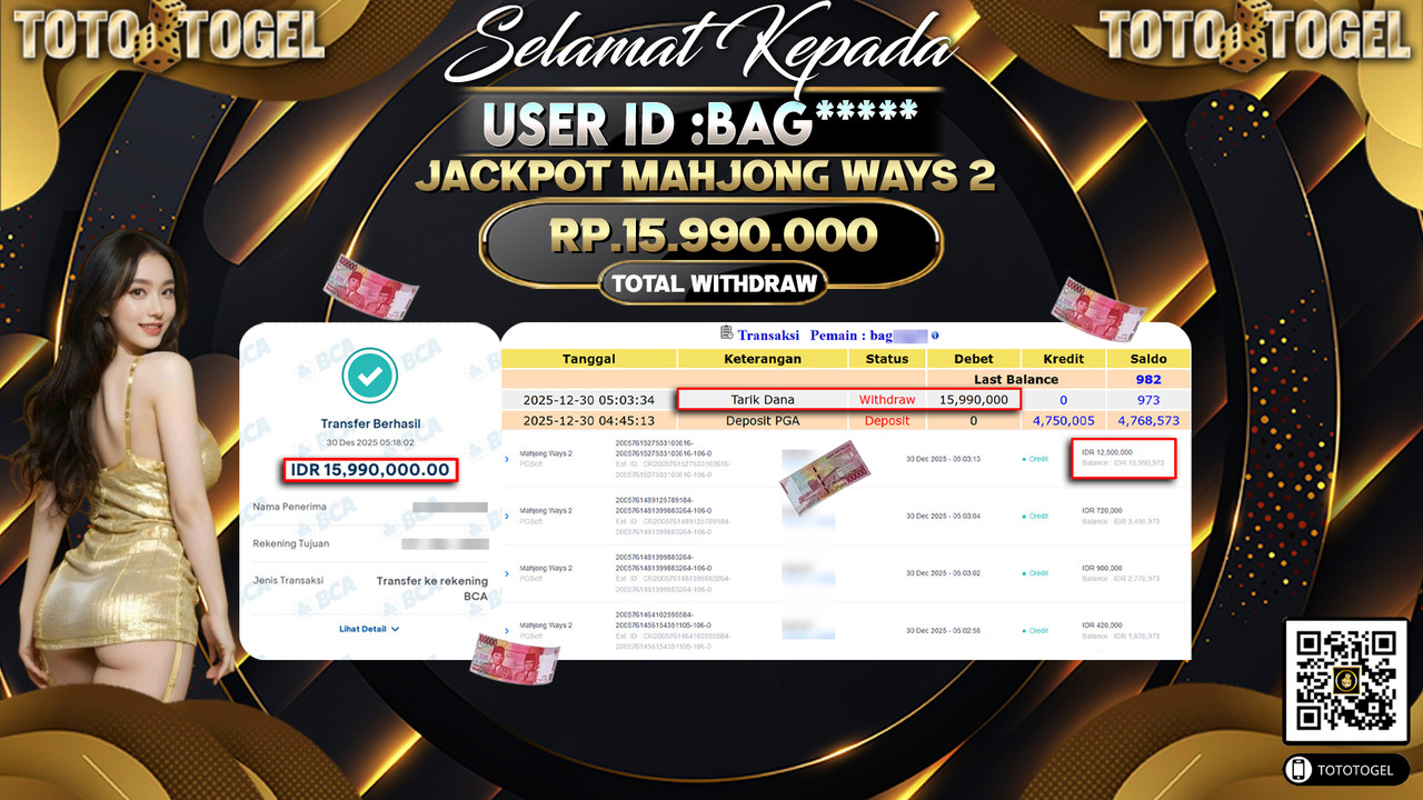 Bukti Pembayaran Jackpot Permainan Slot Mahjong Ways 2 ID:BAG**** LUNAS