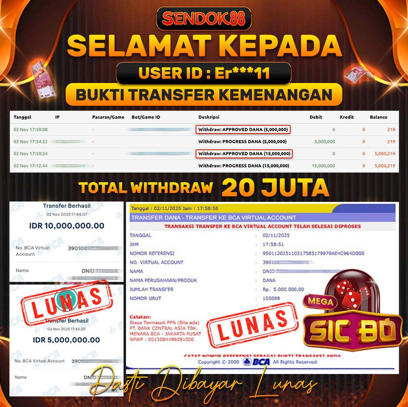 SENDOK88 JEPE! LIVE GAMES MEGA SICBO Rp 20.000.000,- LUNAS!