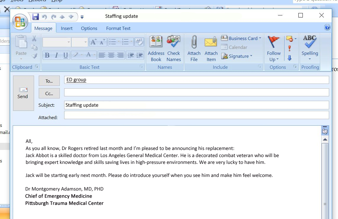 screenshot of 2009 outlook email from Adamson announcing that Jack will be joining PTMC