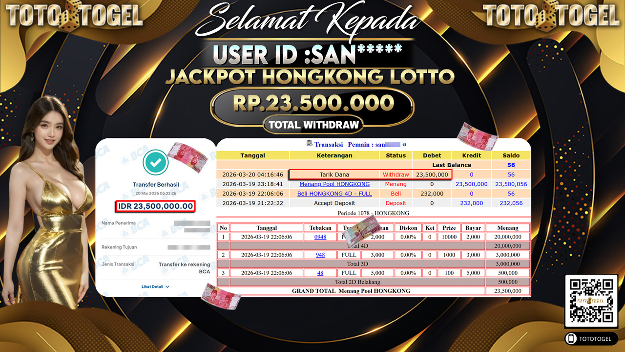 Bukti Pembayaran Jackpot Permainan Togel Hongkong Lotto ID:SAN*****LUNAS