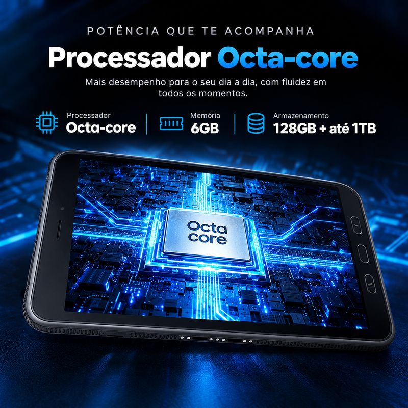 Chip do processador Octa-core Exynos 1380 de 5nm em destaque gr�fico no circuito do Samsung Galaxy Tab Active5