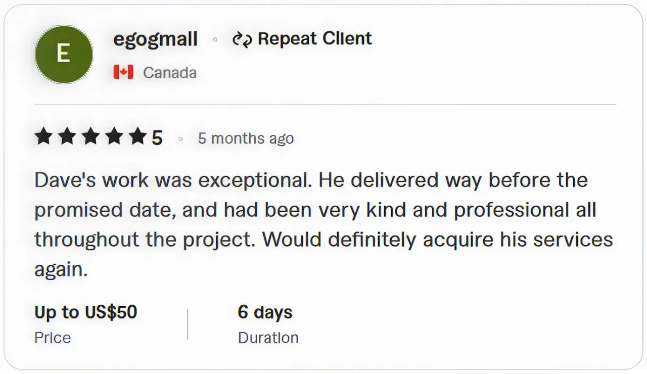 Client review from Egogmail stating the service achieved expectations and he will order again.