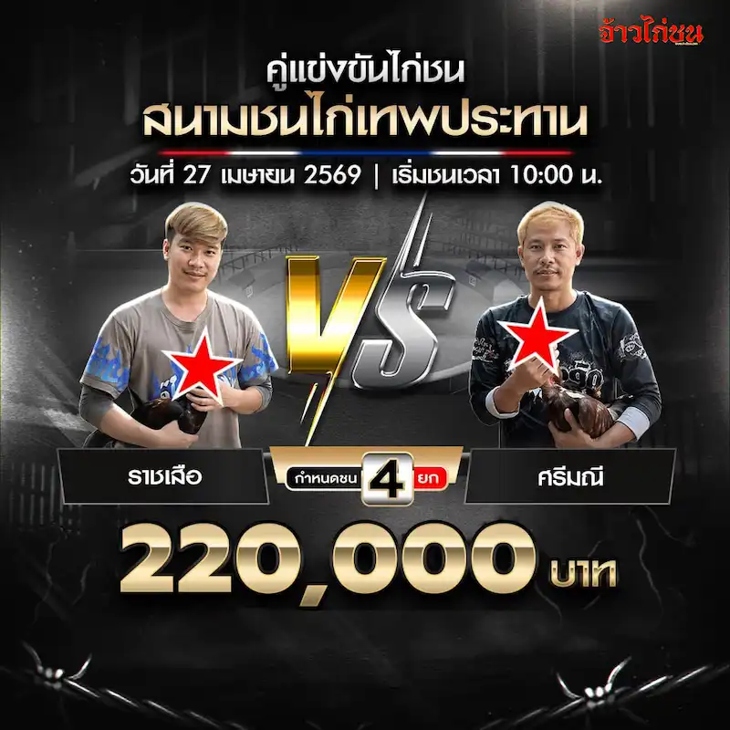 ราชเสือ พบ ศรีมณี โปรแกรมไก่ชน สนามเทพประทาน วันที่ 27 เมษายน 2569