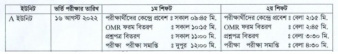 Chittagong University A Unit Exam Date