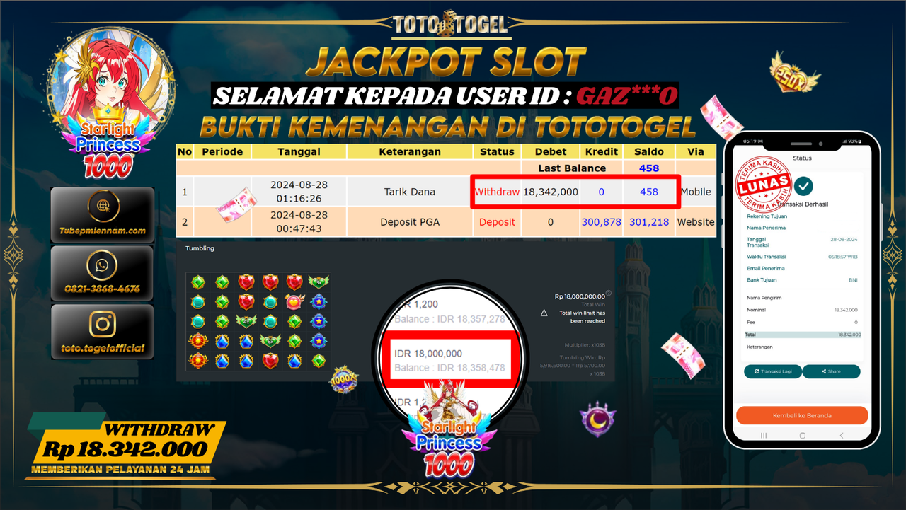 Bukti Pembayaran Kemenangan SLOT STARLIGHT  PRINCESS 1000 USER ID :  GAZ***O LUNASS