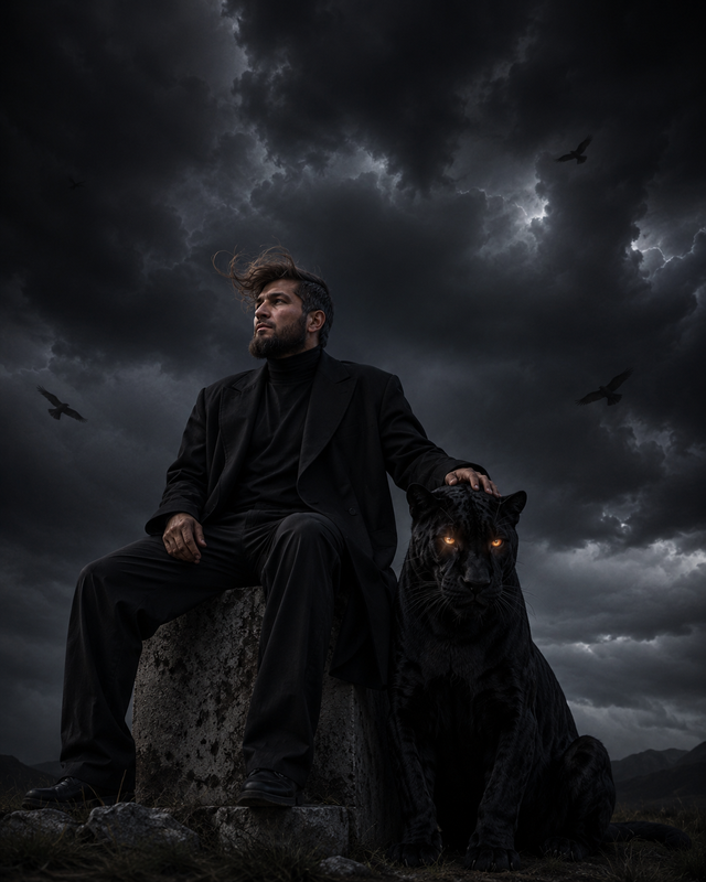 Example result for: Panther King: Cold Villain Portrait with Glowing-Eyed Beast Prompt