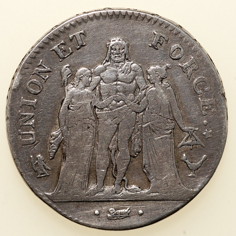 5 francos Union et Force. Francia I República (Consulado). Año 8 (1799-1800). Burdeos. PAS6096