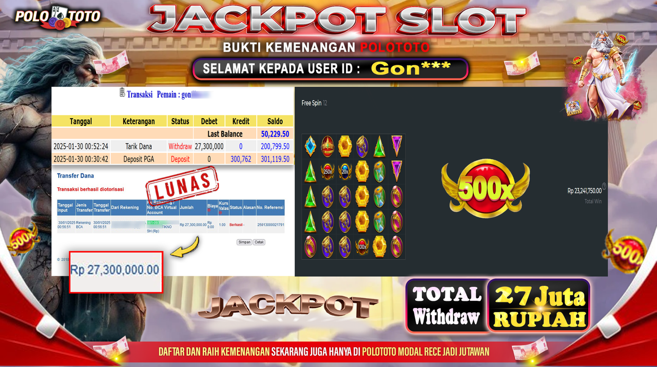 POLOTOTO JACKPOT SLOT GATES OF OLYMPUS 1000 Rp.27,300.000,-