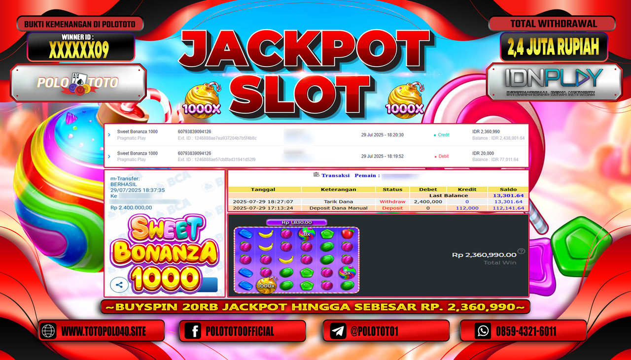 POLOTOTO JACKPOT SLOT SWEET BONANZA 1000 Rp.2.400.000,- LUNAS