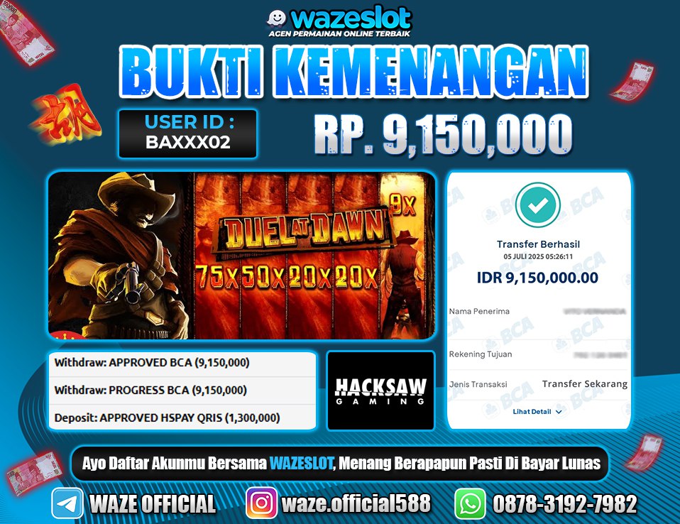 BUKTI KEMENANGAN 05 JULI 2025 DI GAME DUEL AT DAWN ( HACKSHAW GAMING )